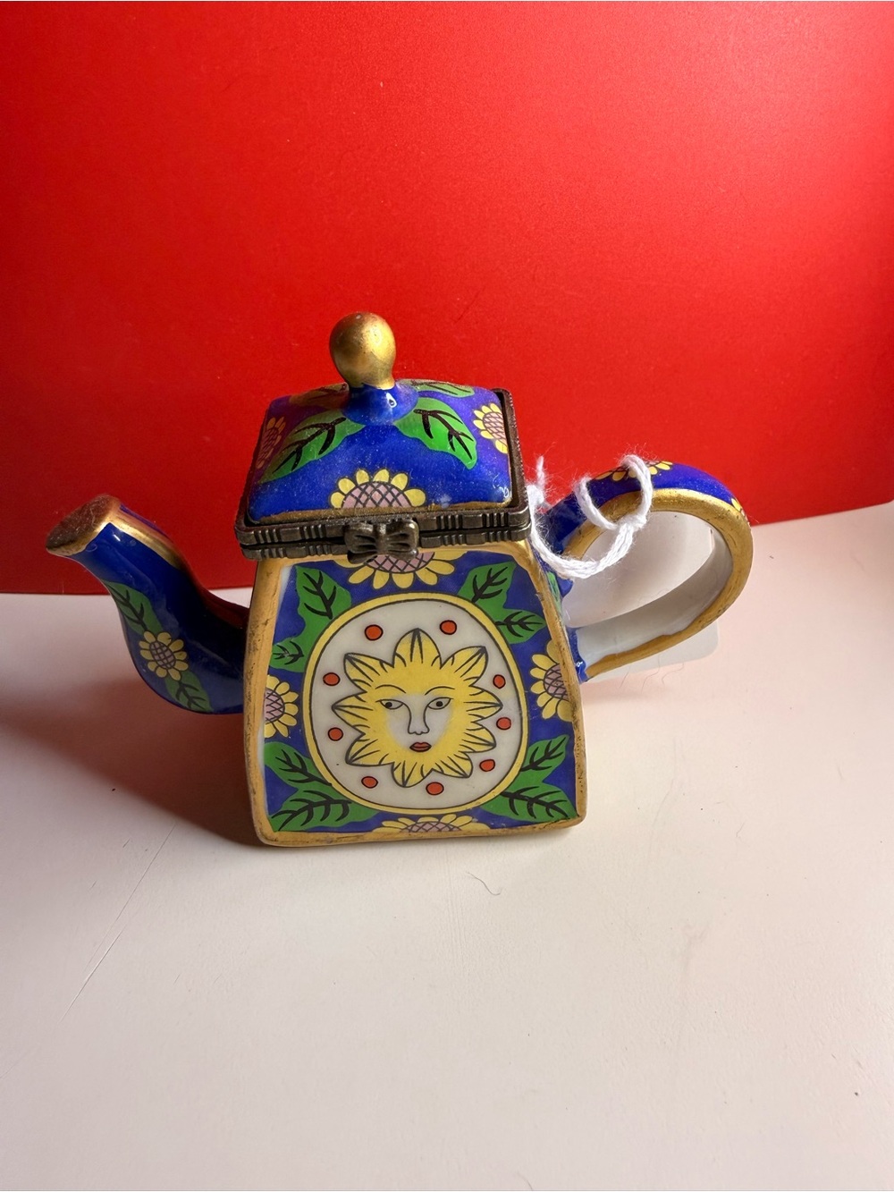 Decorative Blue Sun Motif Ceramic Teapot Accent Trinket